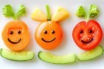 Different fruits and vegetables foods in plates. Creative food for children