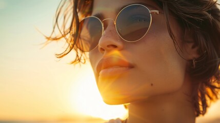 Wall Mural - portrait of a beautiful woman with sunglasses on a beach sunset