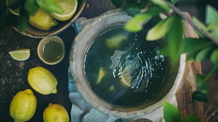 Wall Mural - A bowl of green liquid with lemons and greenery overhead.