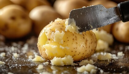 Potato peeler with a potato peeling smoothly, ready for cooking