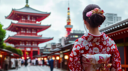 Culture Day in Japan. a holiday in Japan. Japanese architecture. a girl in a traditional Japanese outfit. asian woman