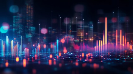 Canvas Print - A vibrant and futuristic cityscape with glowing lights and data visualizations, symbolizing growth, technology, innovation, connectivity, and global business.