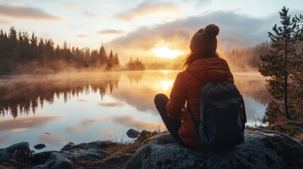 Sticker - Woman Sitting By a Lake at Sunrise