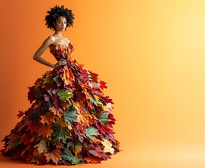 a girl is posing in a long dress made of orange, green and brown autumn leaves, against orange background. Fall fashion style