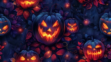 A seamless cartoon pattern of glowing jack-o'-lanterns with different expressions, surrounded by whimsical curling vines and small, colorful leaves, set on a deep purple background. --ar 16:9 --v 6.