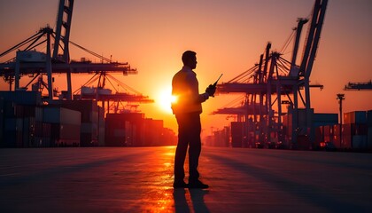 Wall Mural - Silhouette of a logistics manager standing on a vast shipping port at sunset.