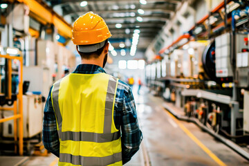 Worker in a factory wearing a safety helmet and high visibility vest, overseeing the industrial manufacturing process.