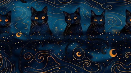 a seamless cartoon pattern of playful black cats perched on broomsticks, with swirling wind patterns