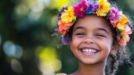 A young girl with brown skin and curly brown hair wears a colorful flower crown. She smiles brightly with white teeth against a green background, symbolizing happiness, nature, innocence, beauty, and 