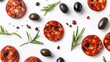 © fotofabrika - Colorful assortment of sliced cured meats, olives, and herbs arranged artistically on a white background