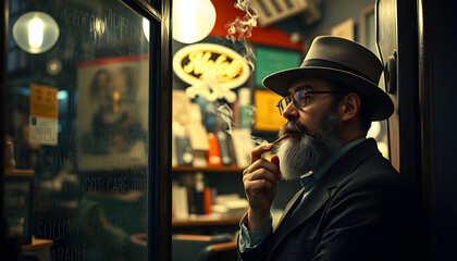 Barber smoking cigarette at the entrance of his shop isolated with white highlights, png