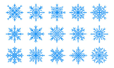 blue snowflakes set, winter vector illustration. collection line art snowflake icons, crystal orname
