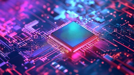 Canvas Print - An abstract close-up of a computer chip on a complex circuit board, symbolizing technological advancement, innovation, data processing, digital connectivity, and the future of technology.