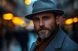 © furyon - urban street scene charismatic bearded man in grey fedora vintageinspired outfit bustling city background warm street lighting