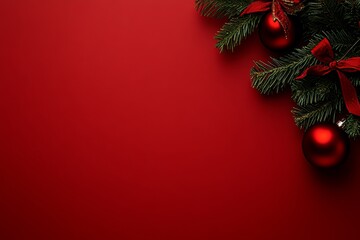 Sticker - A flat lay showing branch with Christmas decoration against a red background.