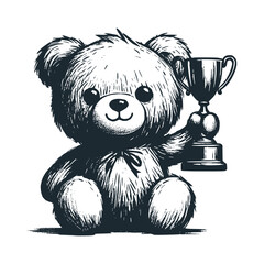 Sticker - The teddy bear hold a trophy. Black white vector logo illustration.
