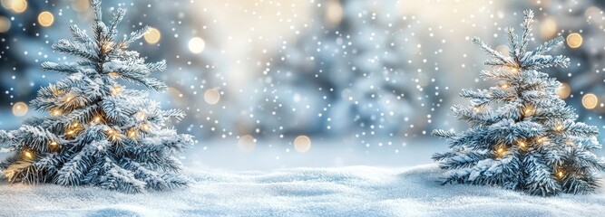 Wall Mural - A blurred Christmas winter background. A snow-capped Xmas tree in lights, holiday festive background. Widescreen backdrop. The new year winter art design, widescreen holiday border.