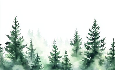 Wall Mural - Watercolor coniferous forest illustration, spruce tree. Winter nature background, conifer, snow, outdoor, snowy rural landscape. Mysterious fir or pine trees for winter Christmas designs.