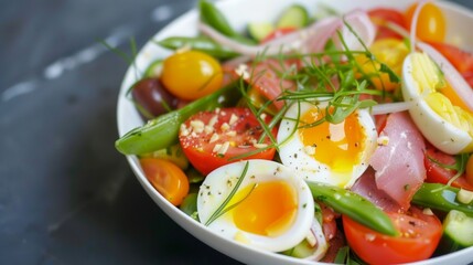 Poster - A close-up of a delicious salad with eggs, tomatoes, and greens.