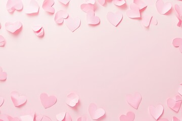 Wall Mural - It's Valentine's Day on February 14th, so I made a Valentine's Day composition with a delicate pink background and pink hearts cut out of paper. Greeting card. Flat lay, top view, text space.