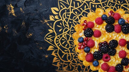 A top view of a golden-colored cake decorated with various fresh berries and almonds on a black surface with a golden mandala design.