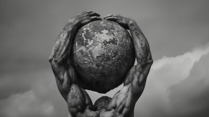 A close-up of a muscular stone sculpture holding up a globe, symbolizing strength and responsibility.