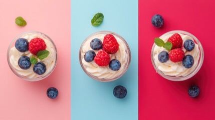 Three glass jars with creamy dessert topped with blueberries, raspberries and mint leaves on pastel pink, blue and red background.