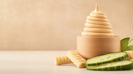 Wall Mural - Fresh cucumber slices are paired with a smooth cream cheese spread in a wooden bowl, complemented by crunchy grissini on a lovely beige kitchen table