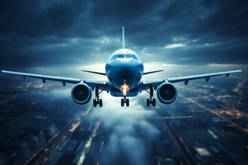 A commercial airplane flying through cloudy skies over a lit cityscape at dusk, creating a dramatic travel atmosphere