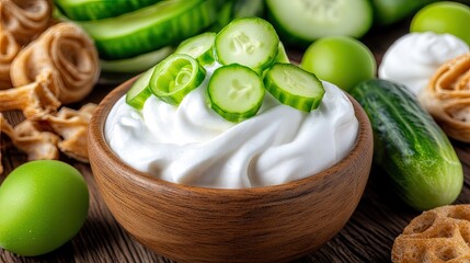 Wall Mural - Fresh cucumber slices are paired with a smooth cream cheese spread in a wooden bowl, complemented by crunchy grissini on a lovely beige kitchen table