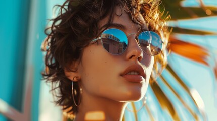 Wall Mural - portrait of a beautiful woman with sunglasses on a beach sunset