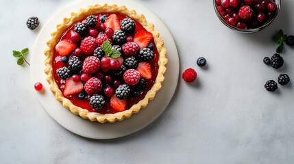 A delicious berry tart with a flaky crust, filled with a sweet and tangy berry filling, topped with fresh berries and a sprig of mint.