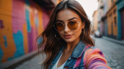 Wall Mural - A woman with a colorful shirt and earrings is smiling for the camera