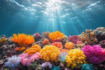 Wall Mural - vibrant underwater coral reef scene diverse marine life bioluminescent creatures crystalclear waters sunbeams filtering through vivid colors