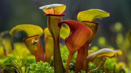 Canvas Print - A close-up view of a pitcher plant with its unique leaves and vibrant colors.