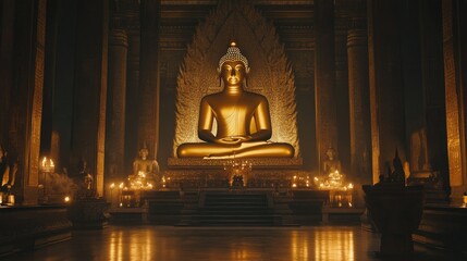 Sticker - A golden Buddha statue illuminated by soft light, within an ancient temple adorned with intricate carvings and a sense of reverence