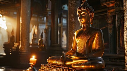 Sticker - A golden Buddha statue illuminated by soft light, within an ancient temple adorned with intricate carvings and a sense of reverence