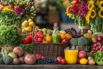 Wall Mural - Fresh fruits and vibrant flowers create a colorful market scene. This beautiful display invites healthy choices. Ideal for food lovers or nature enthusiasts. Generative AI