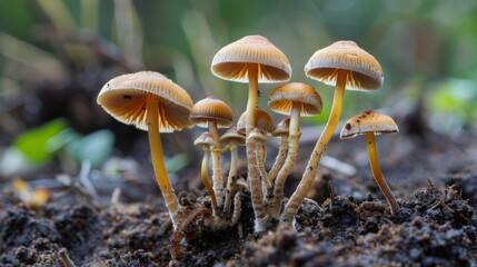 Canvas Print - A cluster of small, tan mushrooms growing in the forest floor.