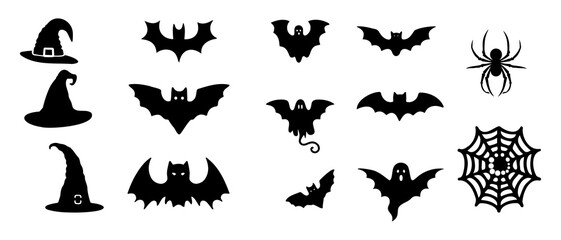 Wall Mural - Halloween silhouettes. Bat, spider, spider web, witch hat, ghost black filled vector Illustration icon