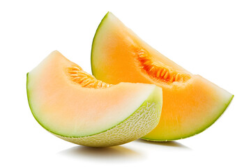 Wall Mural - Cut of fresh ripe melon isolated on white background