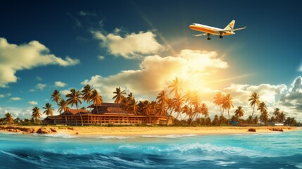 Wall Mural - A tropical island paradise with an airplane flying over palm trees at sunset, capturing the essence of beach travel dreams