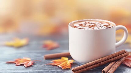 Canvas Print - Cozy Autumn Latte with Cinnamon Sticks and Fall Leaves.