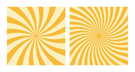 Set of two Abstract Yellow Spiral Patterns on Beige Background. Square Posters with Yellow Groovy Hypnotic Swirls, Retro Inspired Grunge Sun Bursts