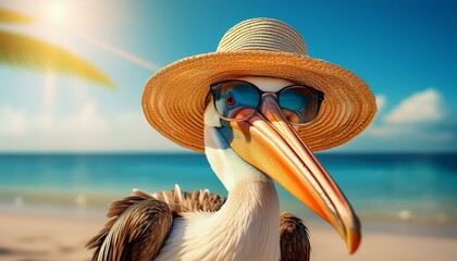 Poster - A whimsical illustration of a pelican wearing a straw hat and sunglasses, relaxing on a beach.