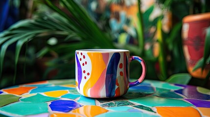 A vibrant coffee cup with abstract designs, set on a colorful mosaic table, with tropical plants in the background.