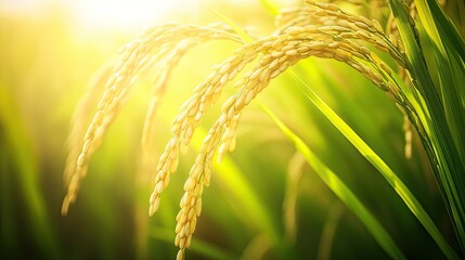 Wall Mural - Close-up of golden rice grains on a stalk swaying gently in a lush, green paddy field under the bright sunlight.