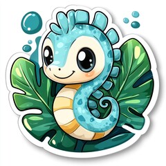 Sticker - Cute Cartoon Seahorse with Tropical Leaves and Bubbles