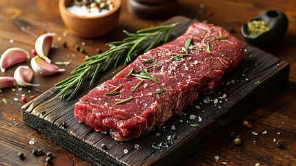 A high-definition shot of a raw hanger steak on a weathered wooden board, with rosemary sprigs, crushed garlic, and black peppercorns artfully arranged around,