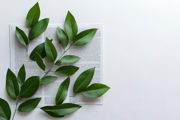 Wall Mural - Green leaves arranged on an open book against a white background, symbolizing nature and knowledge.